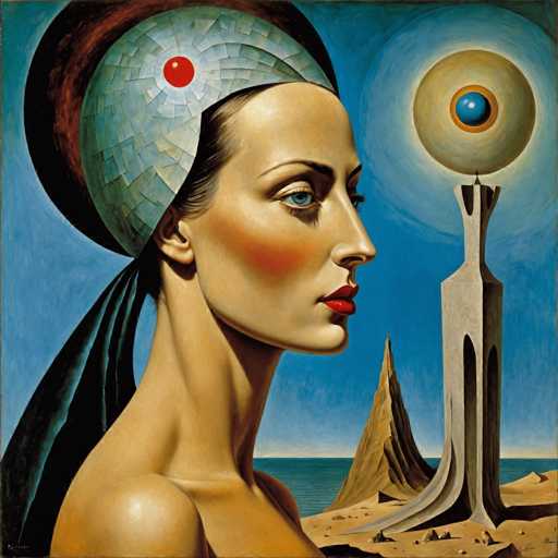 The image is an oil painting that depicts a woman with blue eyes and red lips wearing a headdress adorned with a large red dot on the forehead. The background features a rocky cliff face overlooking the ocean, suggesting a coastal or mountainous setting.
