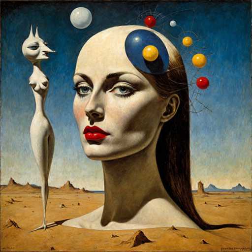 The image depicts an abstract painting featuring a woman with long hair and a headdress made of spheres and wires. The background is a blue sky with white clouds, and the painting has a cubist style characterized by geometric shapes and bold colors.