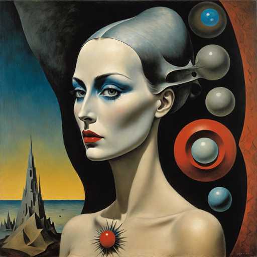 The image depicts an abstract painting featuring a woman with a red heart as the central focus. The background is a dark blue color and includes several circles of varying sizes scattered throughout the scene. The artist's signature "J.S." is visible in the bottom right corner.