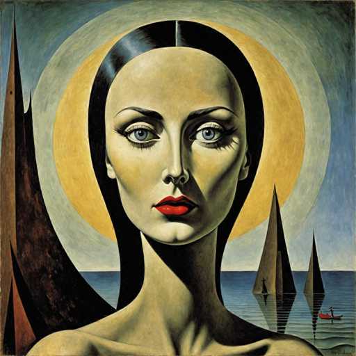 The image is an oil painting that depicts a woman with long dark hair and red lipstick against a blue sky backdrop featuring two boats on the water. The artist's style can be described as impressionistic, characterized by loose brushstrokes and an emphasis on capturing the overall mood or atmosphere rather than minute details.

The painting is signed "W. G. Woll" in the lower right corner of the image.