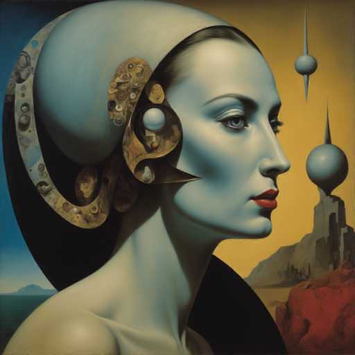 The image depicts an artist's interpretation of a woman with a large headdress and a crown on her head. The background features two spheres floating above the woman's head, one blue and one white. The painting is executed in a realistic style, capturing the intricate details of the woman's face and the surrounding elements.