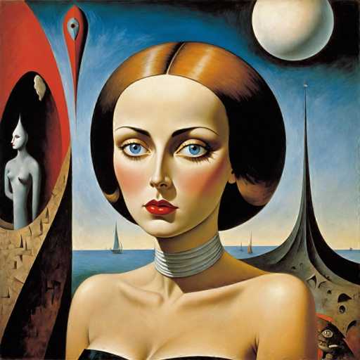 The image is an oil painting that depicts a woman with long brown hair and a white collar, wearing a black dress. The background features a blue sky with clouds and the silhouettes of two boats on the water.