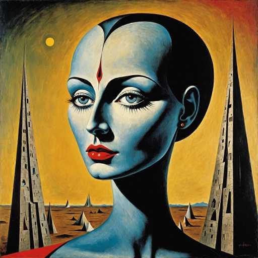 The image is an oil painting that depicts a woman with blue eyes and red lips against a yellow background. The painting features two tall towers on either side of the woman's head, creating a sense of symmetry in the composition. The style of the painting can be described as surrealistic, characterized by dreamlike imagery and unexpected juxtapositions.