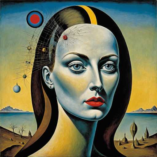 The image is an oil painting that depicts a woman with long hair and red lipstick against a blue sky backdrop featuring mountains and clouds. The painting style is realistic, focusing on the accurate depiction of the subject's features and surroundings.