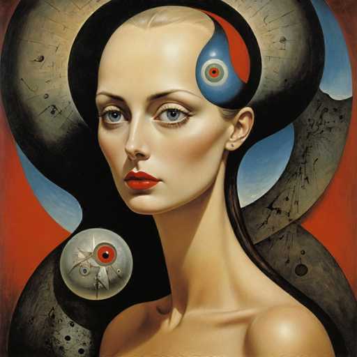 The image is an oil painting that depicts a woman with blonde hair and blue eyes wearing red lipstick. The background features a large black circle with a white dot on it, which appears to be the head of a bird or a fish.
