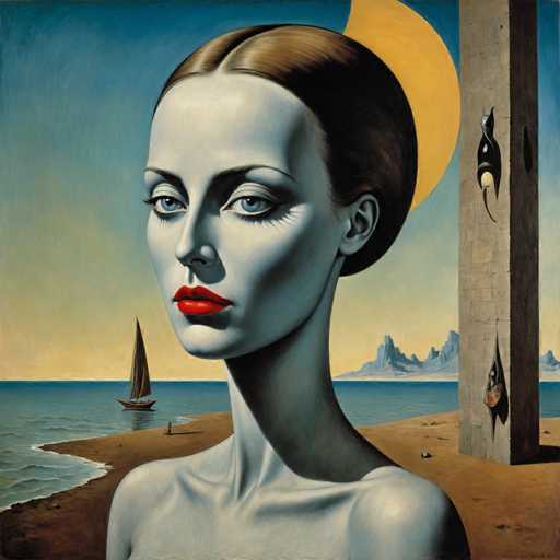 The image depicts an abstract painting featuring a woman with long brown hair and striking red lipstick against a blue sky backdrop. The painting is executed in the style of cubism, characterized by geometric shapes and bold colors. In the foreground, there are two boats on the water, adding depth to the composition.