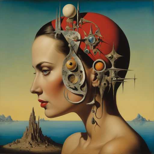 The image depicts an abstract painting featuring a woman's head with a red hat and earrings shaped like gears and cogs. The background is a blue sky with mountains visible in the distance.