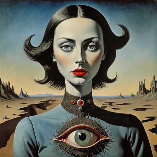 The image depicts an abstract painting featuring a woman with long dark hair and striking red lipstick against a blue background. The woman is wearing a blue dress adorned with a large eye at the center of her outfit. The painting is executed in an impressionist style characterized by loose brushstrokes, vibrant colors, and an emphasis on capturing the fleeting effects of light and color over time.

The artist's use of bold colors and expressive brushwork creates a sense of movement and energy within the piece. The woman's face is the focal point, with her dark hair framing her features as she gazes directly at the viewer. The blue dress serves to highlight the eye, drawing attention to its size and prominence in the painting.
