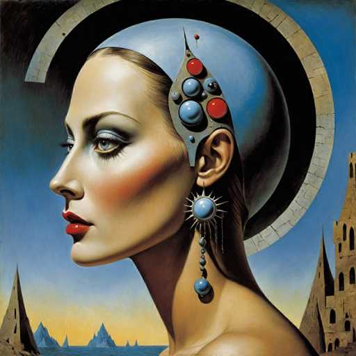 The image depicts a woman with striking features and an unconventional headpiece adorned with blue spheres and red circles. The woman is positioned against the backdrop of a castle-like structure, suggesting a medieval or fantasy setting. The painting style is characterized by bold colors and dramatic contrasts, creating a sense of depth and dimension in the artwork.
