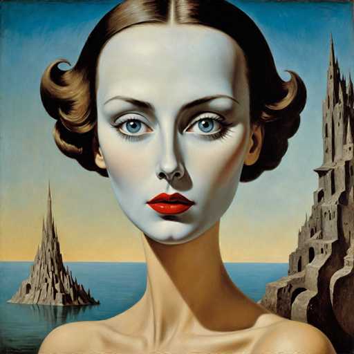 The image depicts an artist's portrait of a woman with blue eyes and painted lips, set against the backdrop of a castle on a cliff overlooking the ocean. The painting is executed in a realistic style, capturing the intricate details of the subject's features and the surrounding landscape.