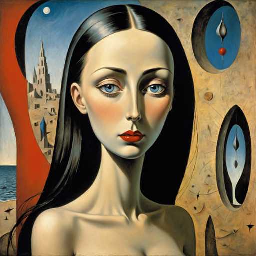 The image is an oil painting that depicts a woman with long dark hair and red lipstick. The background features a castle-like structure and the ocean, creating a surreal and dreamy atmosphere.