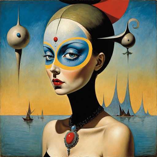 The image depicts an artist's portrait of a woman with blue and yellow face paint, wearing a red headband and necklace. The background features a painting style reminiscent of surrealism, with floating objects and boats in the water.