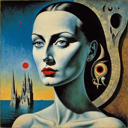 The image is an oil painting that depicts a woman with long dark hair and red lipstick against a blue sky backdrop featuring a castle on the horizon. The painting is executed in a realistic style, capturing the intricate details of the subject's features and the surrounding environment.