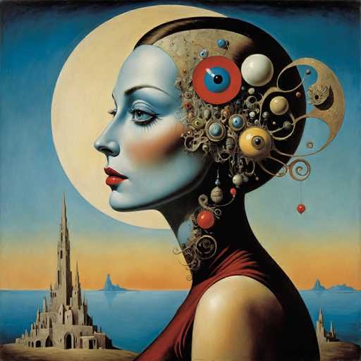 The image depicts an artist's interpretation of a woman with a face and head adorned with various objects such as circles, spheres, and other decorations. The background features a blue sky with a full moon, suggesting the artwork is set in a serene outdoor setting. The painting style appears to be surrealistic, characterized by dreamlike imagery and unconventional elements.