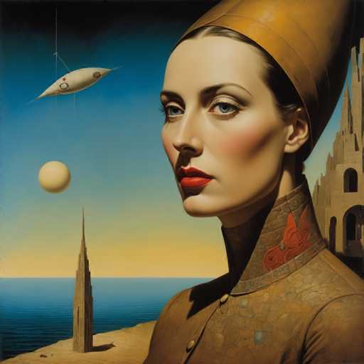 The image depicts a woman with long brown hair wearing an orange hat and a gold dress standing on a beach next to a castle-like structure. The sky above them is blue with white clouds, creating a serene atmosphere. In the background, there are two large structures - one tall tower and another shorter one.