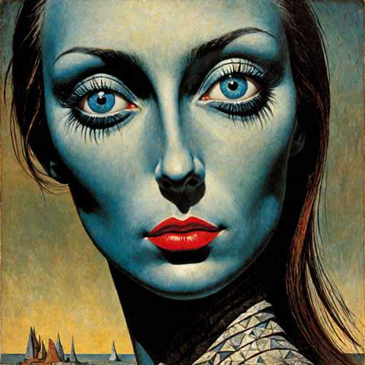 The image depicts an artist's interpretation of a woman with blue eyes and long brown hair wearing a white dress against a green background. The painting is executed in the style of realism, focusing on capturing the subject's features and expression accurately.