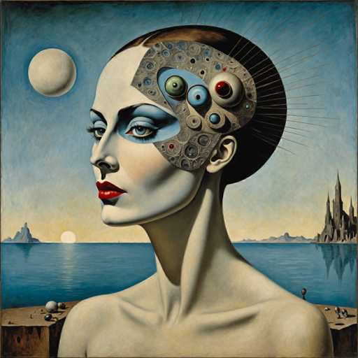 The image depicts an abstract painting featuring a woman's face with a unique design on her forehead and neck. The background is a blue sky with white clouds, and the ocean can be seen in the distance. The artist has used bold colors and geometric shapes to create this piece of art.