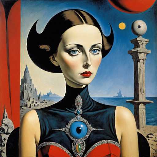 The image is an oil painting that depicts a woman with long brown hair and red lips wearing a black dress adorned with blue jewels. The background features a castle-like structure surrounded by water, suggesting the scene takes place in a coastal or seaside location.