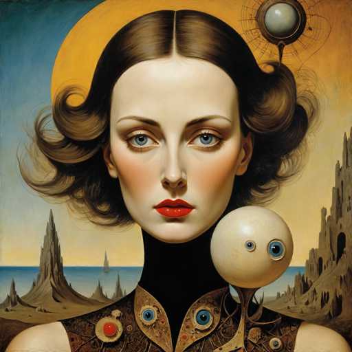 The image depicts an artist's interpretation of a woman with long brown hair and red lipstick. The woman is wearing a black dress adorned with gold accents and has a white ball on her shoulder. The background features a landscape with mountains and a large yellow circle in the center.