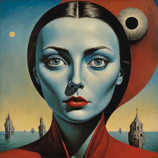 The image depicts an abstract painting featuring a woman with blue eyes and long dark hair wearing a red dress against a vibrant yellow background. The painting is characterized by bold brushstrokes and a focus on the interplay of colors and shapes.