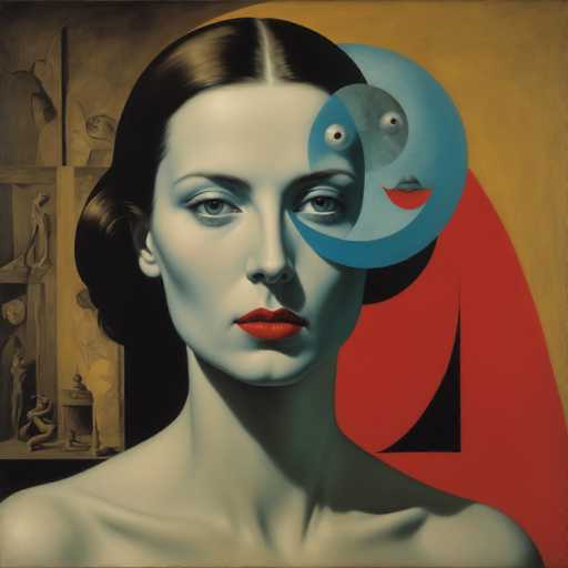 The image depicts an abstract portrait of a woman with dark hair and red lipstick. The painting is done in the cubist style, characterized by geometric shapes and bold colors. The background features a yellow wall adorned with various objects such as a clock, a vase, and a sculpture.