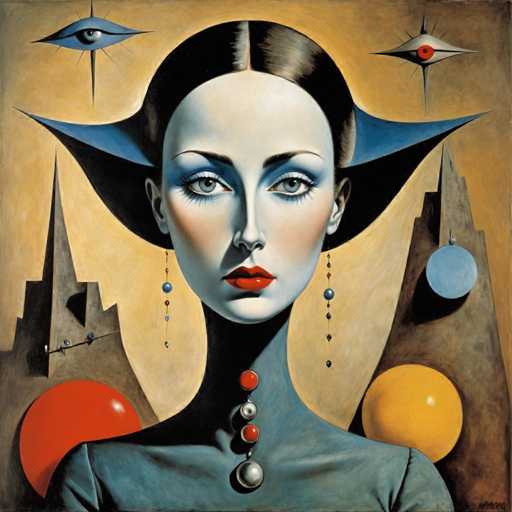 The image depicts an abstract painting featuring a woman with blue hair and red lips wearing a blue dress. The background is filled with various shapes and colors including circles, triangles, and squares. The artist's signature "K.S." is visible in the bottom right corner of the painting.