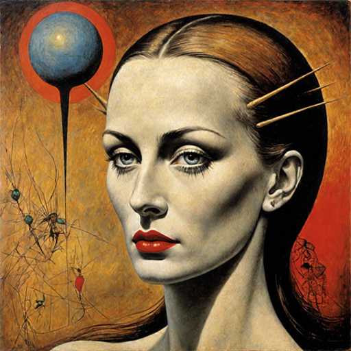 The image depicts an abstract painting featuring a woman with long brown hair and red lipstick. The background is a mix of orange and blue colors, creating a vibrant and energetic atmosphere. A large blue ball is positioned in the center of the painting, surrounded by various elements such as plants and insects.
