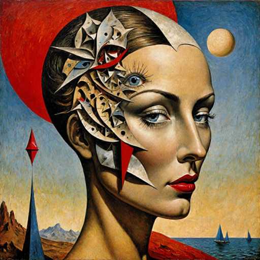 The image depicts an abstract painting featuring a woman's face with intricate designs and patterns. The background is a blue sky with white clouds, and the foreground includes mountains and boats on the water.