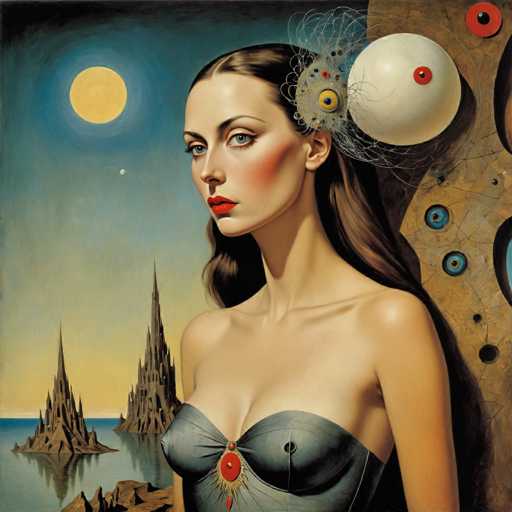 The image depicts a woman with long brown hair wearing a strapless dress and a feathered headpiece. She is standing against the backdrop of a castle-like structure on an island, with a large body of water in the background. The painting style is realistic, focusing on capturing the details of the scene, including the textures and colors used by the artist to create depth and dimension.

The woman's pose suggests she might be posing for the portrait or admiring her surroundings. The use of color palette adds a sense of realism to the artwork, making it appear as if one could step into the scene and experience it firsthand.