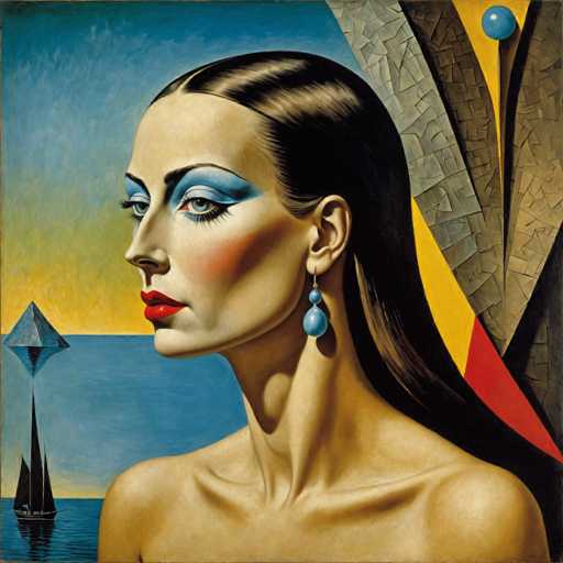 The image is an oil painting that depicts a woman with long brown hair and dark makeup wearing earrings. The background features a blue sky and trees, creating a serene atmosphere. The style of the painting can be described as impressionistic, characterized by loose brushstrokes and an emphasis on capturing the overall mood or feeling rather than focusing on minute details.

The artist's use of color is notable, with the woman's dark makeup contrasting against her light skin tone. The blue sky in the background adds a sense of tranquility to the scene. The painting is signed "M. Van Gogh" and was created during the post-impressionist period, which is evident from the loose brushstrokes characteristic of this style.