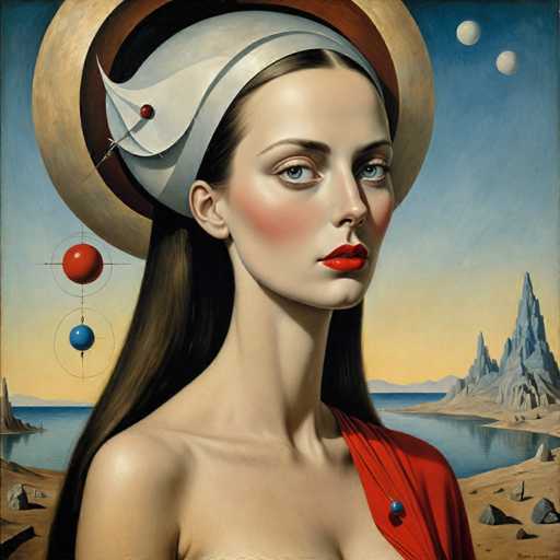 The image depicts a woman with long brown hair wearing a white hat and red lipstick. She is standing on a rocky beach, facing the viewer directly. The background features a blue sky with floating spheres of varying sizes, suggesting an artistic or surrealistic style.