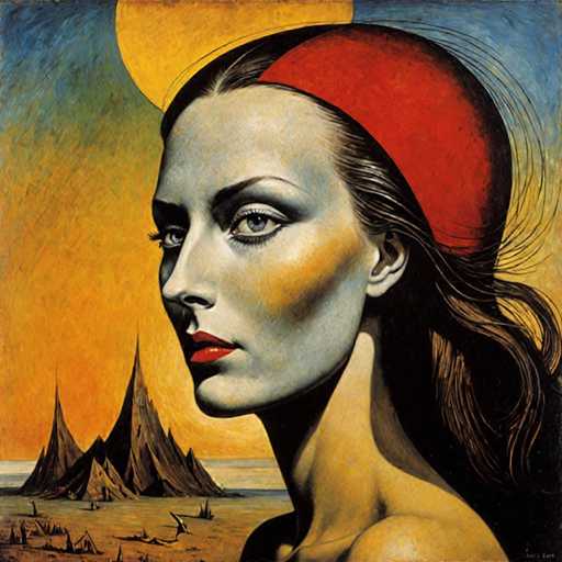 The image depicts an artist's portrait of a woman with long hair and a red headband. The painting is done in the impressionist style, characterized by loose brushstrokes that emphasize color and light over detail. The background features a landscape with mountains and trees, creating a sense of depth and space.