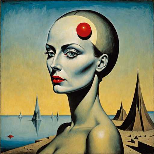 The image is an oil painting that depicts a woman with a red dot on her forehead and a black headband. The background features a blue sky with white clouds and mountains in the distance.