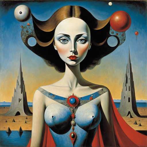 The image depicts an artist's interpretation of a woman with long hair and a red dress, set against a blue sky filled with floating spheres. The painting is executed in the style of surrealism, characterized by dreamlike imagery and unexpected juxtapositions.