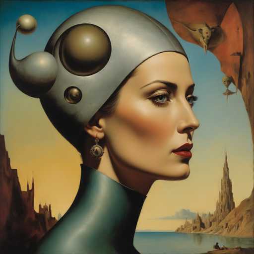 The image depicts a woman with striking blue eyes and long blonde hair wearing a futuristic silver helmet adorned with large circular balls on the top of her head. The background features a rocky cliff overlooking a body of water, suggesting an ocean or sea setting.