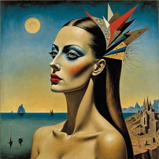 The image depicts an artist's portrait of a woman with long hair and a headpiece featuring red and blue geometric shapes. The background features a serene landscape with boats on the water and mountains in the distance under a clear sky.