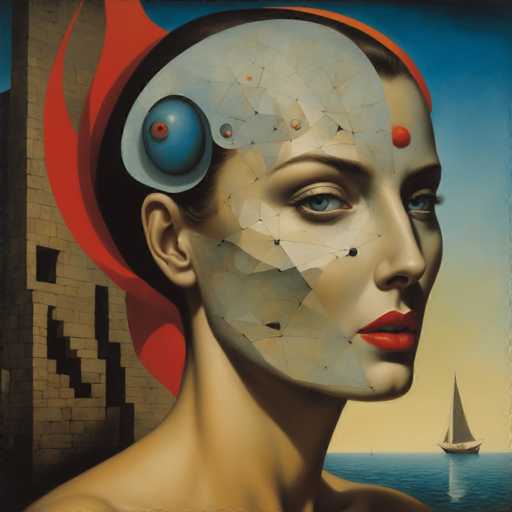 The image depicts an abstract painting featuring a woman's face with a geometric design and a red dot on her forehead. The background is a blue sky with clouds, and the painting includes a boat in the distance.
