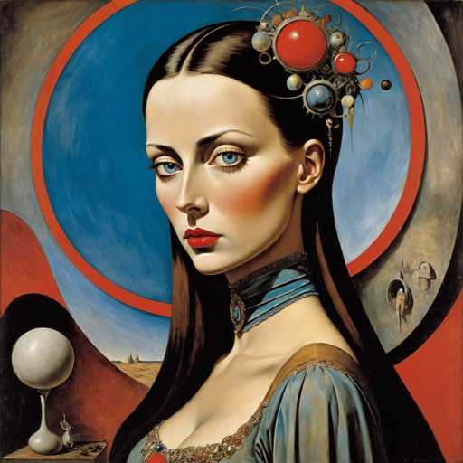 The image depicts an artist's portrait of a woman with long dark hair and a red headband adorned with blue beads. She is wearing a blue dress that features gold accents. The background consists of a circular frame painted in shades of blue and orange, which appears to be the setting for the portrait.