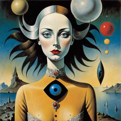The image depicts an artist's interpretation of a woman with long hair and horns, wearing a yellow dress adorned with a blue eye pendant. The background features a landscape with mountains and a body of water, suggesting the scene is set in nature. The painting style is realistic, focusing on the intricate details of the woman's face and the surrounding environment.