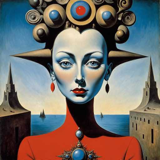 The image depicts an artist's interpretation of a woman with a red dress and a crown on her head, surrounded by blue and white elements that create the impression of water and clouds. The painting is executed in a realistic style, capturing the intricate details of the subject matter.