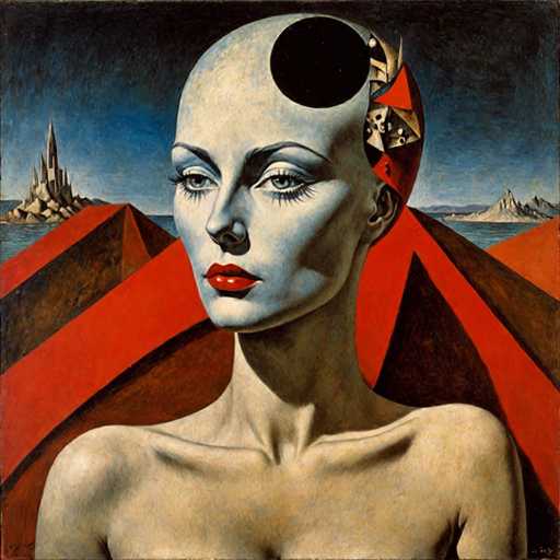 The image is an oil painting that depicts a woman with a large head and red lips wearing a white dress against a dark blue background. The painting features a castle on the left side of the frame and mountains in the distance on the right side.