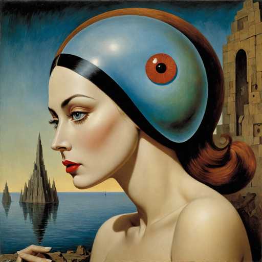 The image depicts an artist's portrait of a woman with striking features and a unique blue helmet that has a large eye on it. The background shows the ocean under a clear sky, creating a serene atmosphere. The painting is executed in a realistic style, capturing the details of the subject's face and surroundings.