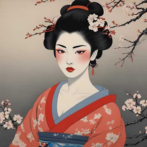 The image depicts a woman wearing traditional Japanese clothing with a red and blue floral kimono. She is adorned with a black headpiece and has her hair styled in an elegant updo. The background features branches laden with pink flowers against a gray sky.