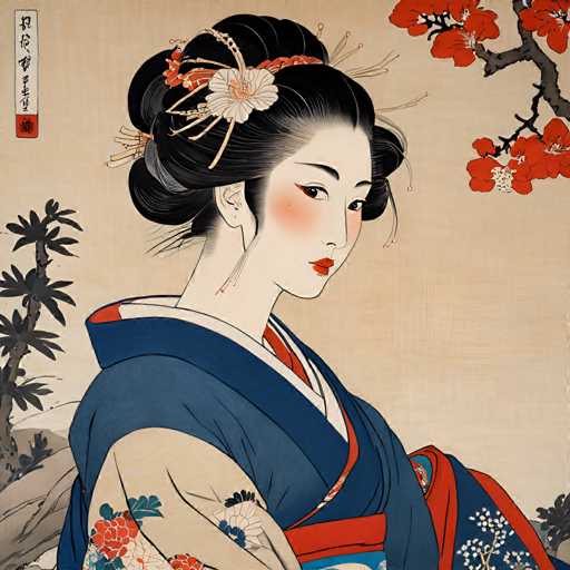 The image depicts a woman wearing traditional Japanese attire, including a blue and white kimono with a red collar and a matching headpiece adorned with flowers. The background features a tree and bushes, adding to the overall aesthetic of the scene.