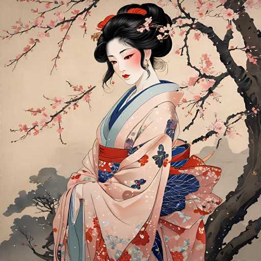 The image depicts a woman wearing traditional Japanese clothing, including a pink and blue kimono with a red sash around her waist. She is standing under the branches of a tree adorned with pink flowers, suggesting a serene or tranquil setting. The artist's style is reminiscent of traditional Japanese art, characterized by its attention to detail and use of natural elements such as trees and flowers in the background.
The woman appears to be posing for the photo, which captures her elegance and grace against this picturesque backdrop.