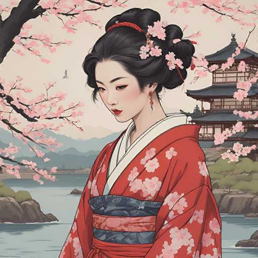 The image depicts a woman wearing traditional Japanese clothing, specifically a kimono with pink and white floral patterns. The woman is standing on the shore of a river, which is surrounded by cherry blossom trees in full bloom. In the background, there is a temple with a pagoda roof.