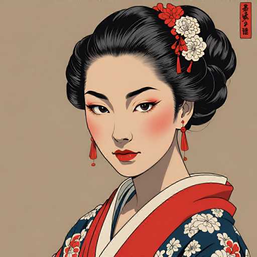 The image depicts a young woman with black hair wearing traditional Japanese attire consisting of a blue and white kimono adorned with red flowers. She is also wearing a red headband with white flowers on her forehead. The background is a light beige color that contrasts with the dark hair, making it stand out.