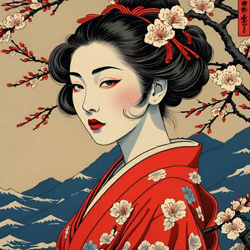 The image depicts a woman wearing a traditional Japanese kimono with white and red floral patterns against a beige background. The woman is positioned centrally within the frame, facing towards the right side of the image. The background features a mountain range in shades of blue and green, providing a serene backdrop to the scene.