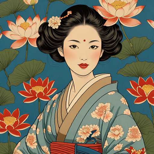 The image depicts a woman wearing traditional Japanese clothing with a blue and white floral kimono. The woman is adorned with a red headband and has her hair styled in an elegant updo. She is positioned against a backdrop of pink and orange flowers, which are intricately detailed and add to the overall aesthetic appeal of the scene.