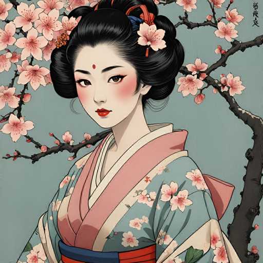 The image depicts a woman wearing traditional Japanese clothing with pink and white floral patterns. She is positioned against the backdrop of a tree adorned with pink flowers, suggesting that she might be in a garden or park setting. The woman's hair is styled in an elegant updo, adding to her traditional appearance.